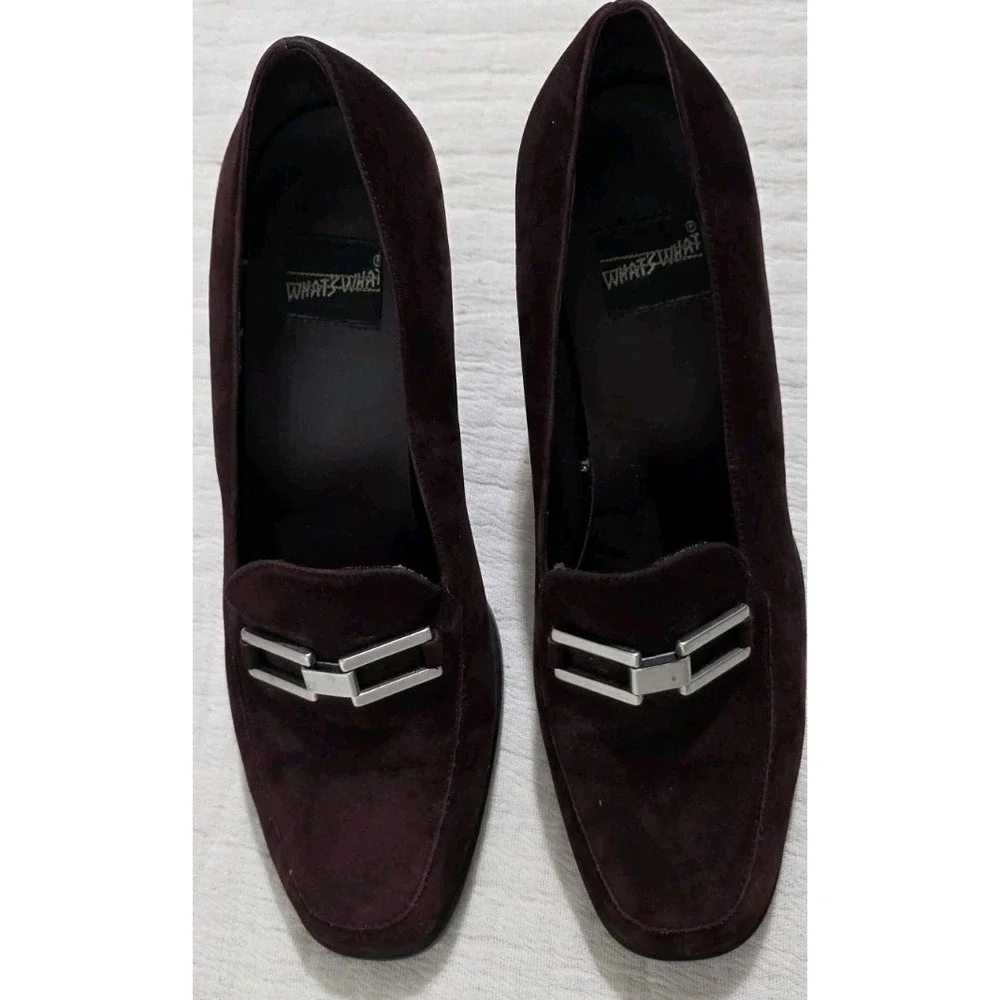 Whats What Maroon Suede Loafer Block High Heel Square Toe Silver Link Buckle 7.5